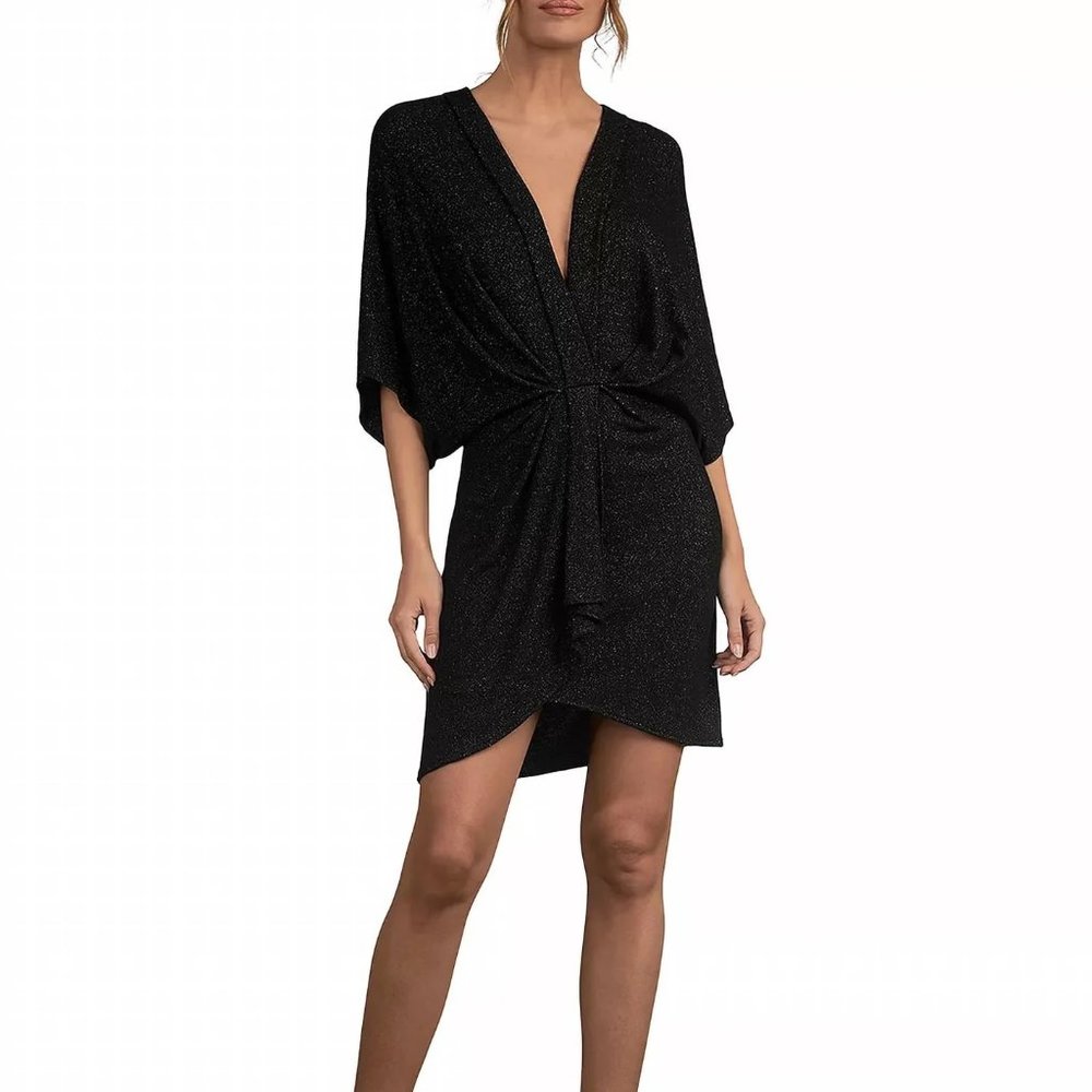 Elan Womens Metallic V Neck Mini Dress Black S